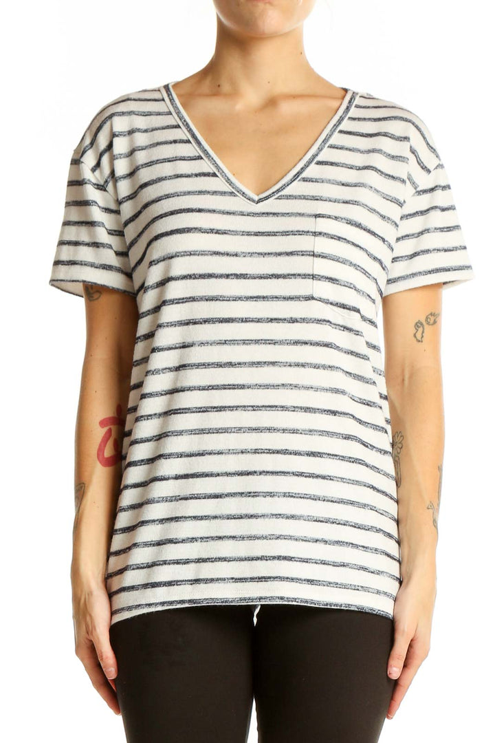 Front view of White and Navy Striped V-Neck Top from WorkshopRepublicClothing