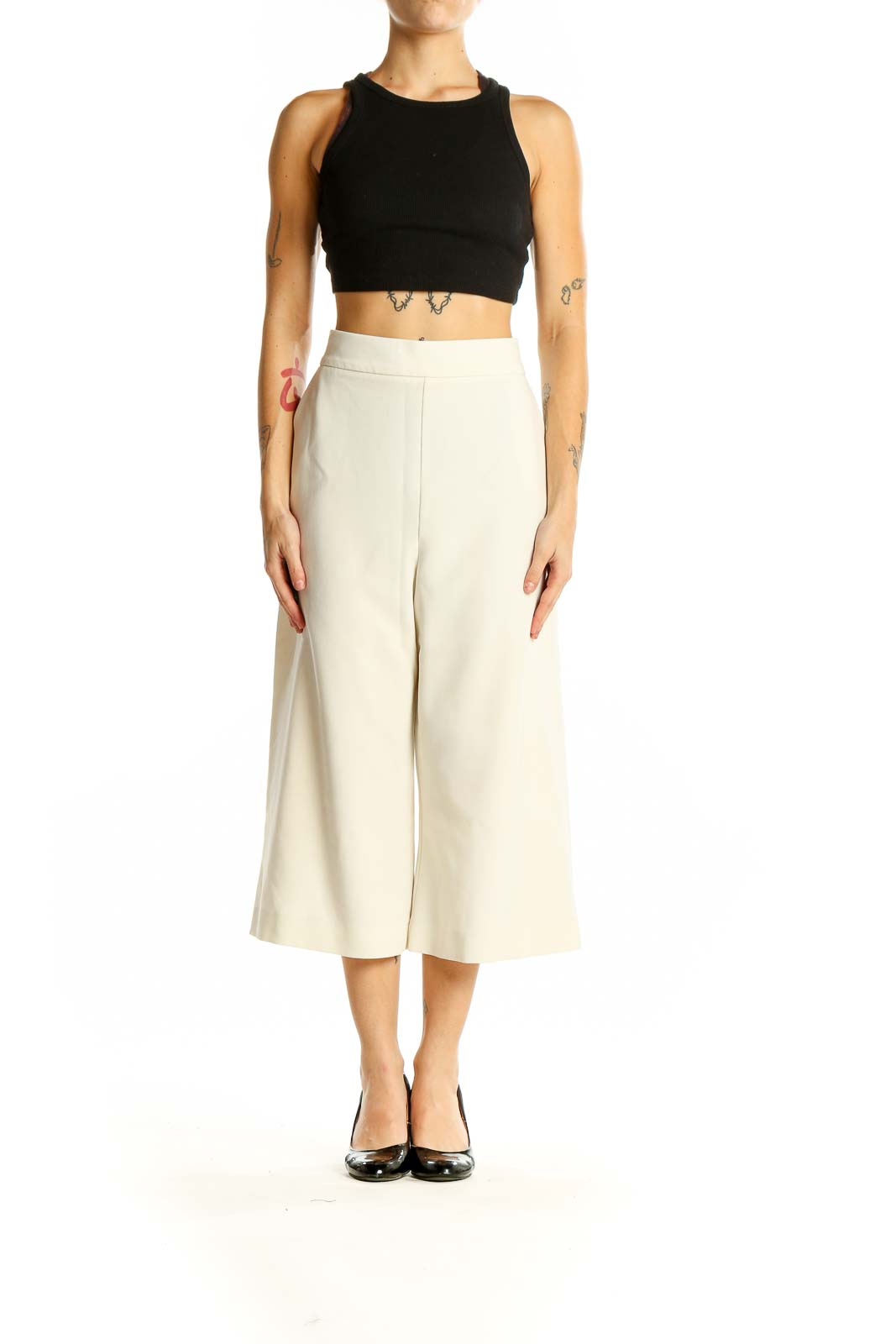 Front view of French Connection cream wide-leg cropped trousers