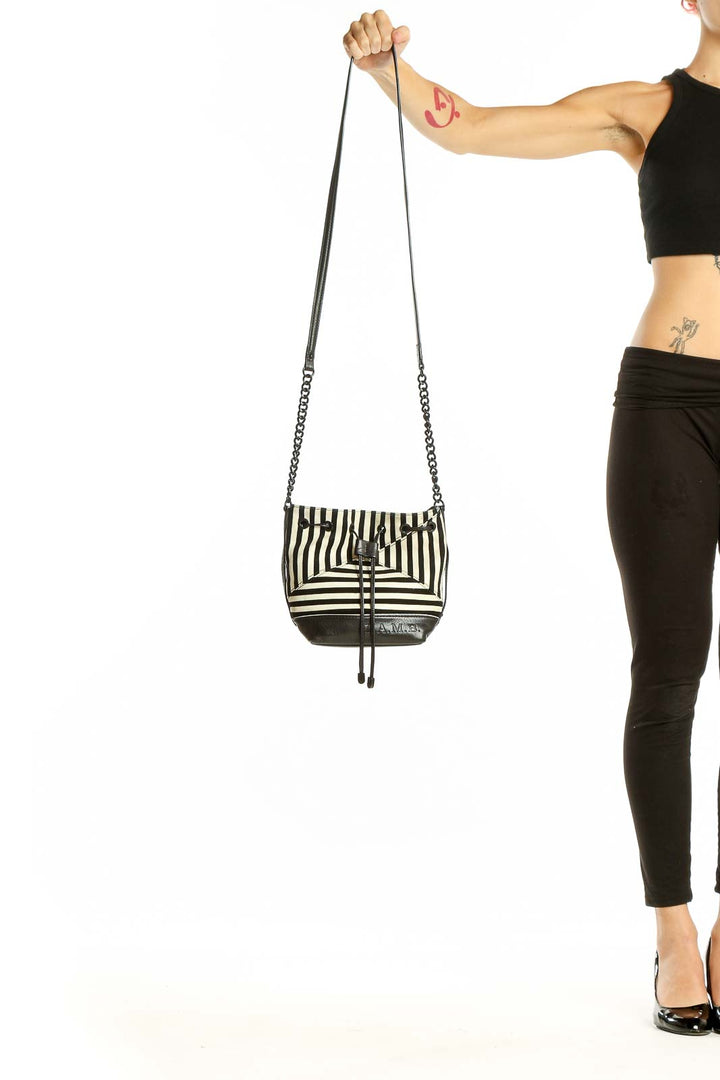 Front view of L.A.M.B. Black and White Striped Leather Shoulder Bag with chain strap