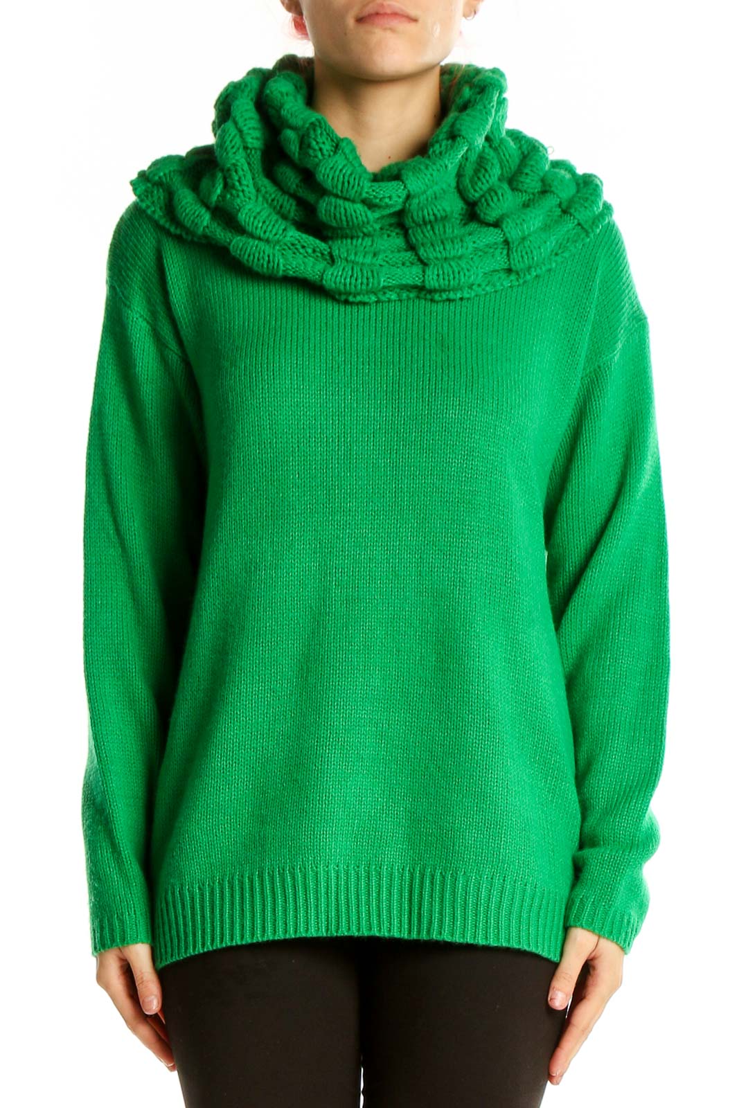 Front view of green chunky knit cowl neck sweater by twiggy LONDON