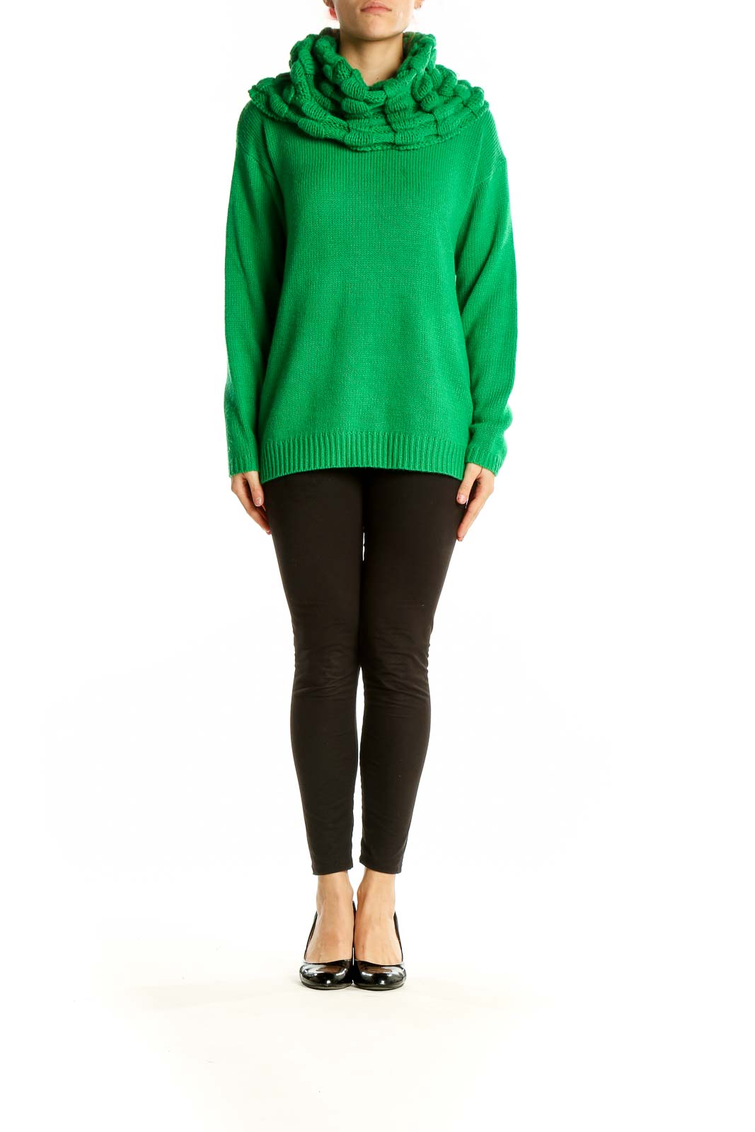 Front view of green chunky knit cowl neck sweater by twiggy LONDON