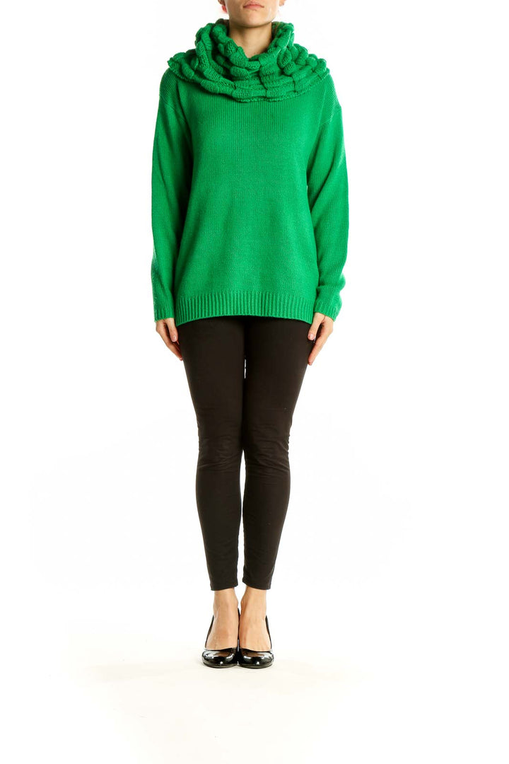 Front view of green chunky knit cowl neck sweater by twiggy LONDON