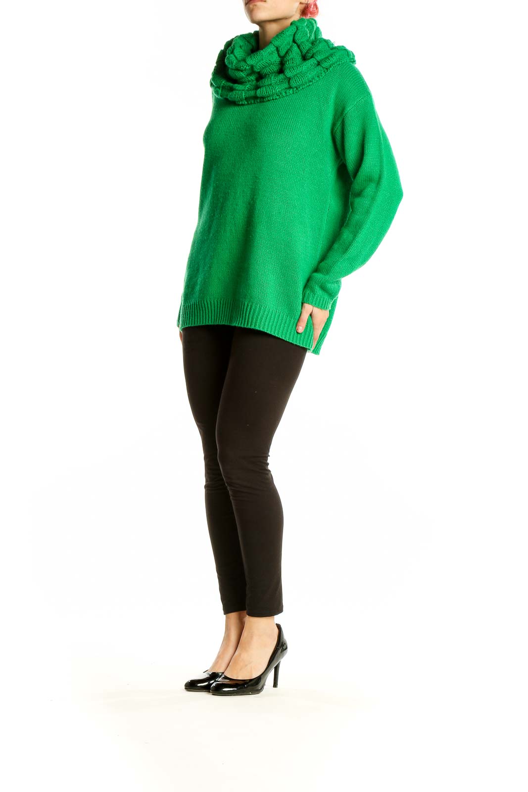 Front view of green chunky knit cowl neck sweater by twiggy LONDON