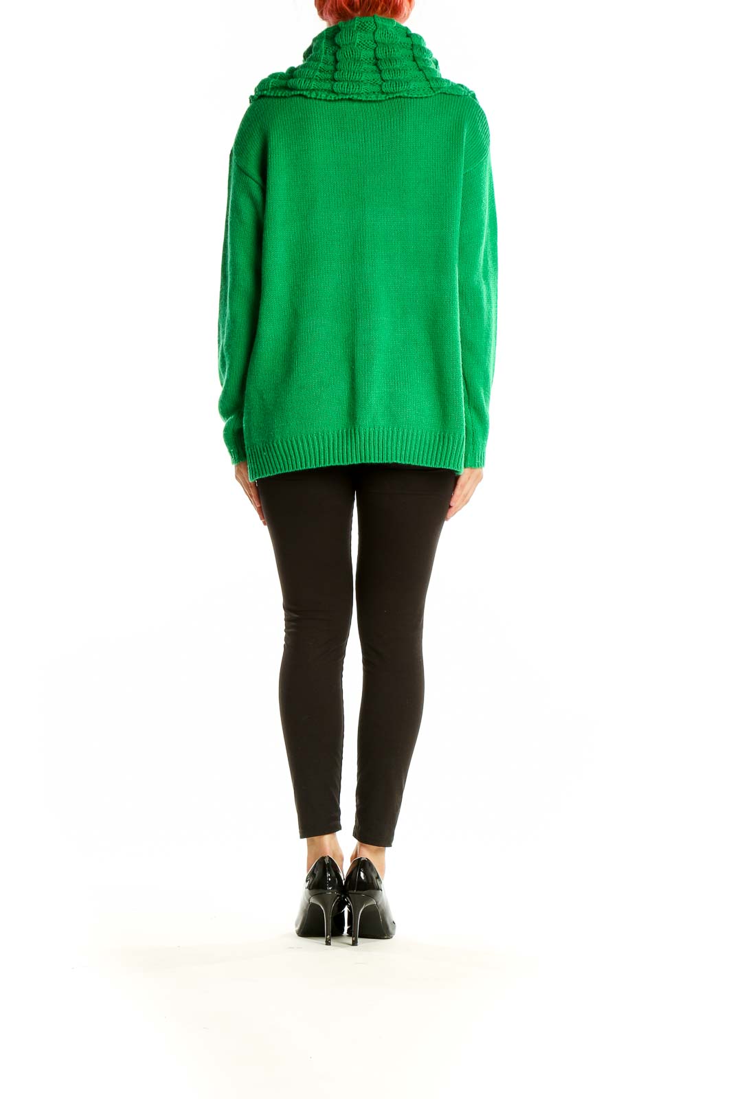 Side view of green chunky knit cowl neck sweater by twiggy LONDON on model