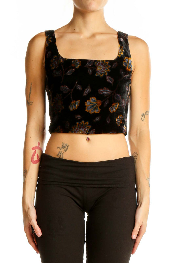 Front view of Rachel Zoe Black Floral Velvet Crop Top with square neckline