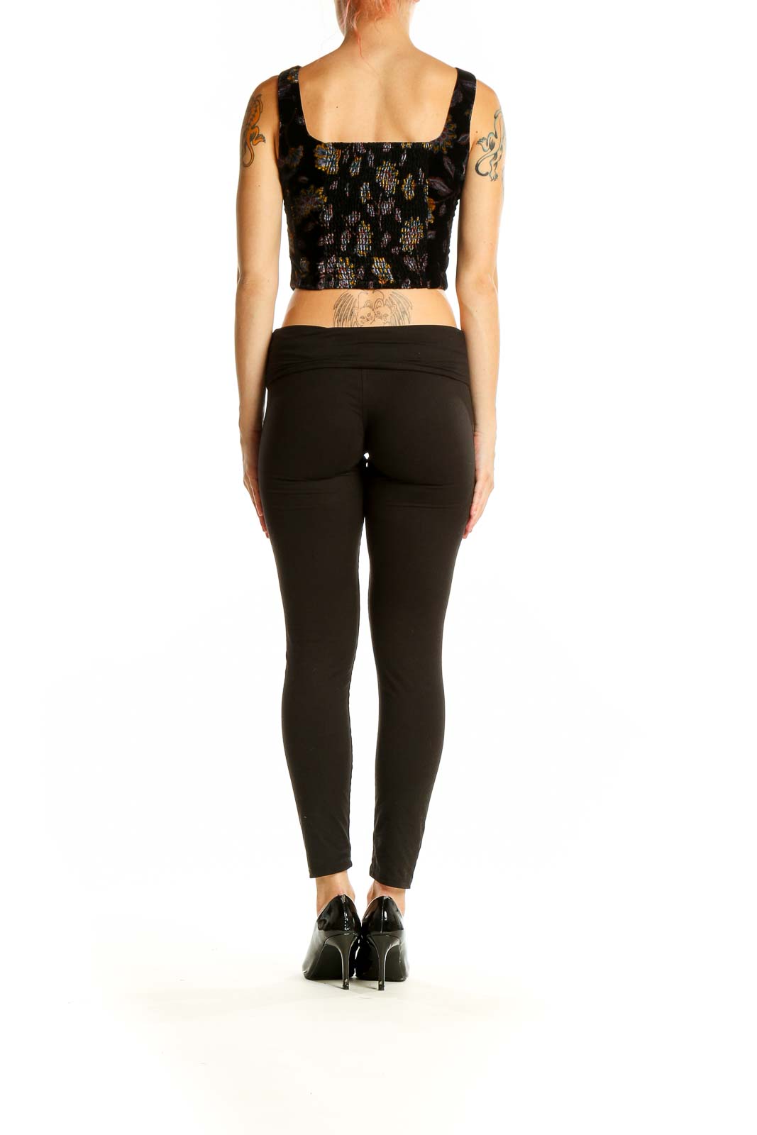 Side view of Rachel Zoe Black Floral Velvet Crop Top showing fitted silhouette