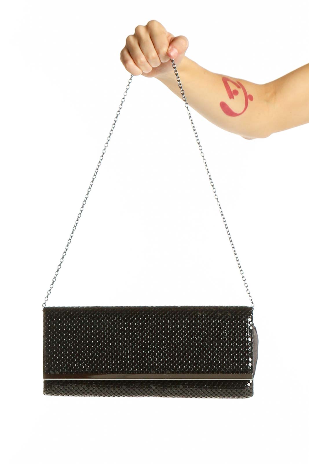 Front view of Jessica McClintock black textured clutch with chain strap