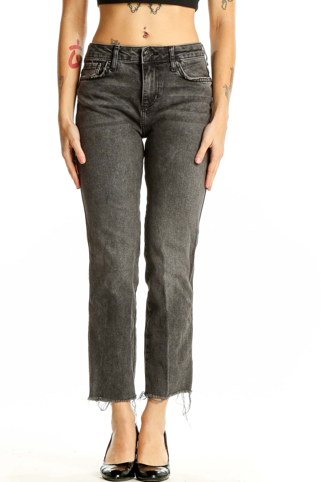 Front view of Free People charcoal gray cropped straight-leg jeans