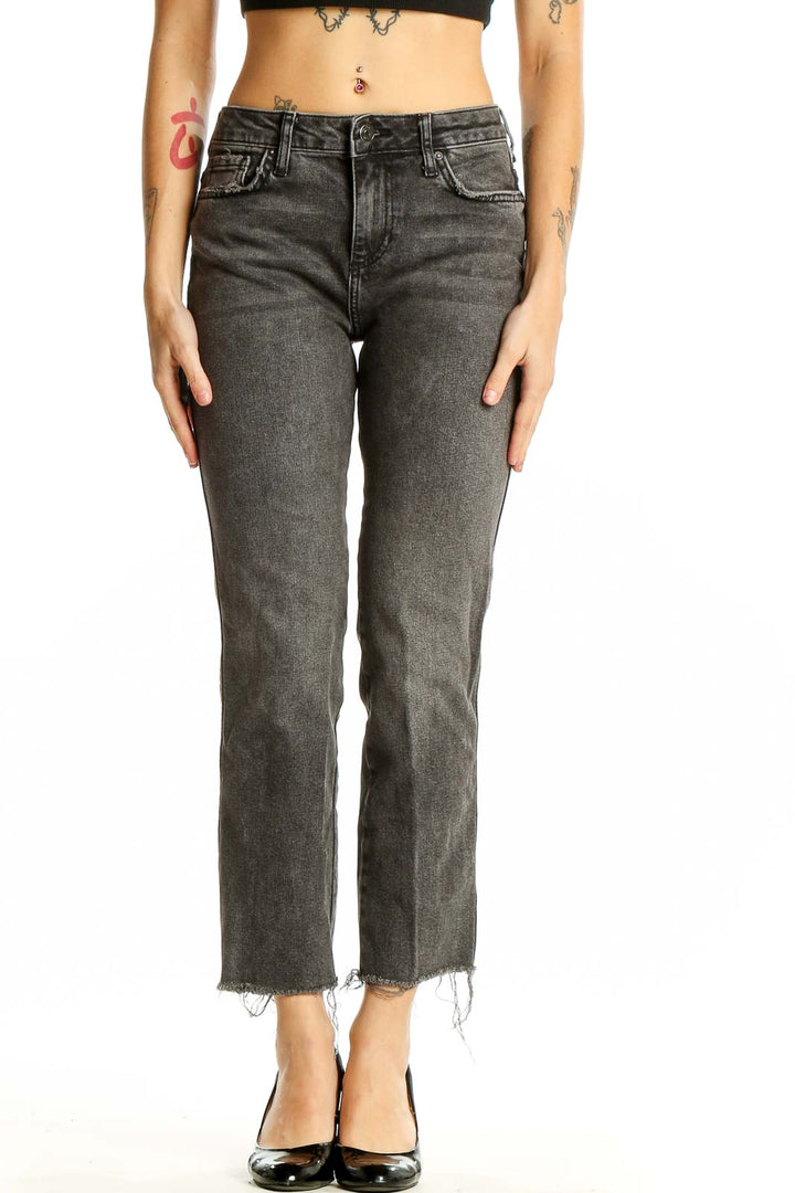 Front view of Free People charcoal gray cropped straight-leg jeans