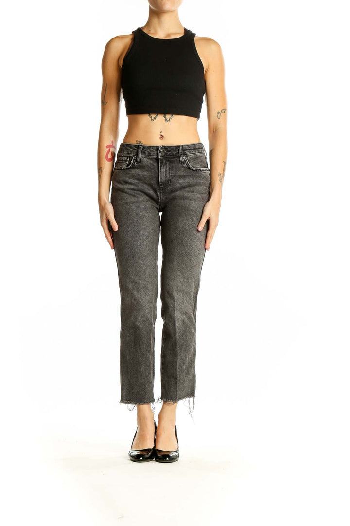 Front view of Free People charcoal gray cropped straight-leg jeans