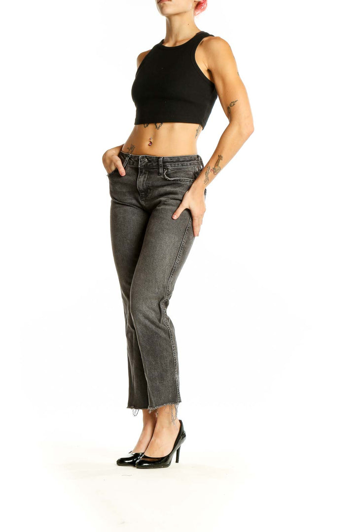 Front view of Free People charcoal gray cropped straight-leg jeans