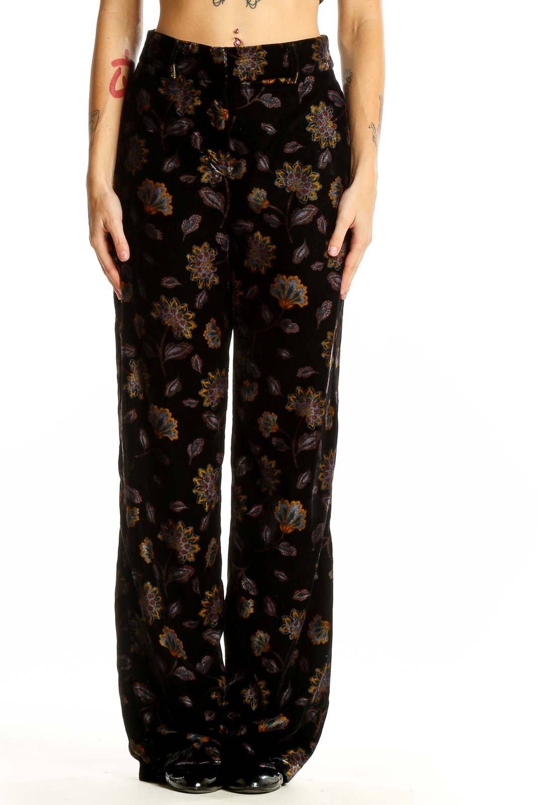 Front view of Rachel Zoe black velvet wide-leg pants with floral pattern