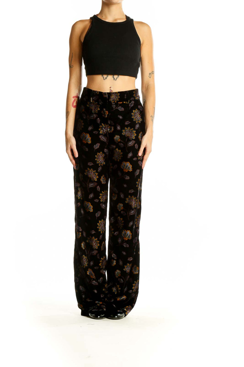 Front view of Rachel Zoe black velvet wide-leg pants with floral pattern