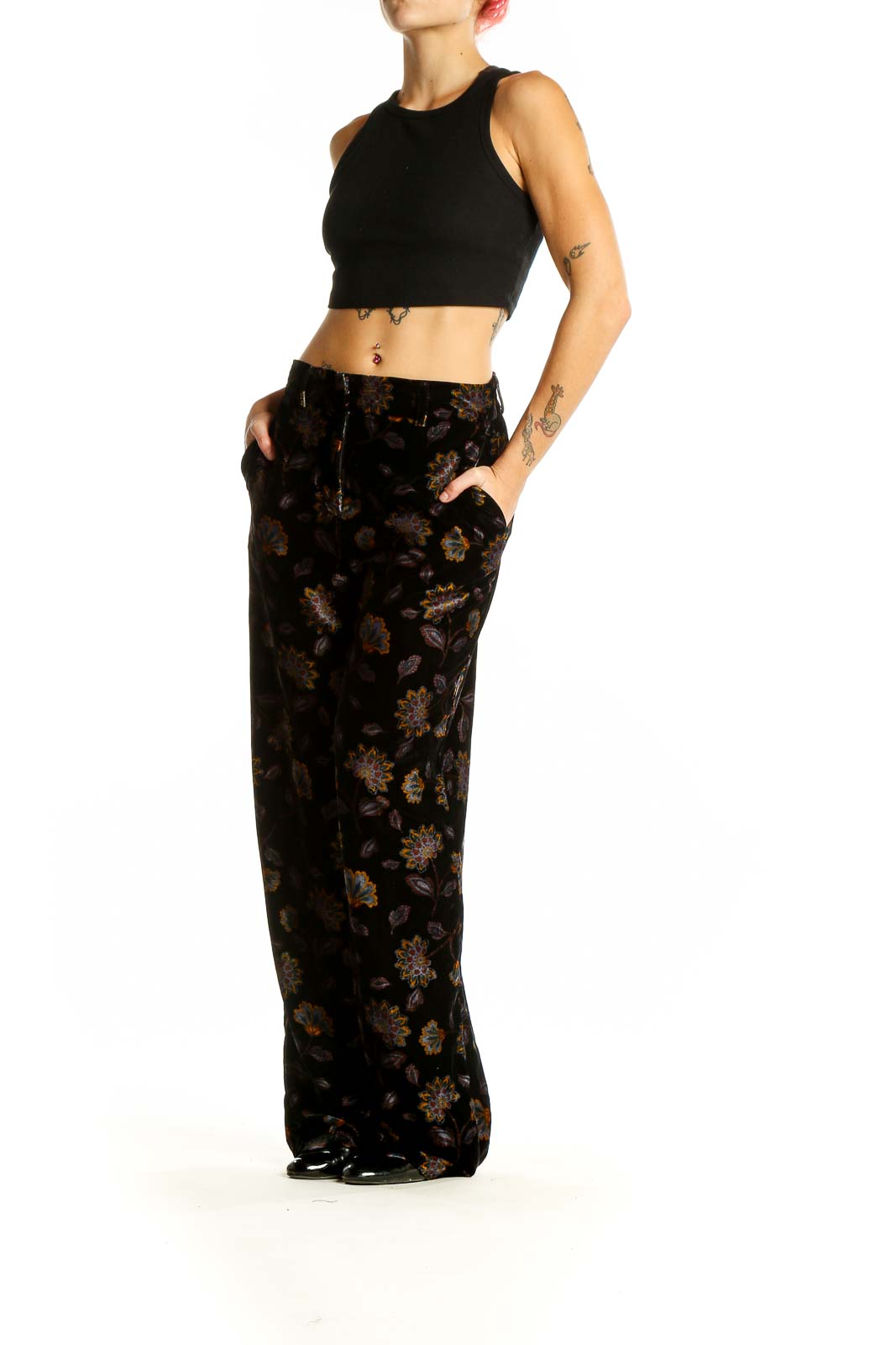 Front view of Rachel Zoe black velvet wide-leg pants with floral pattern