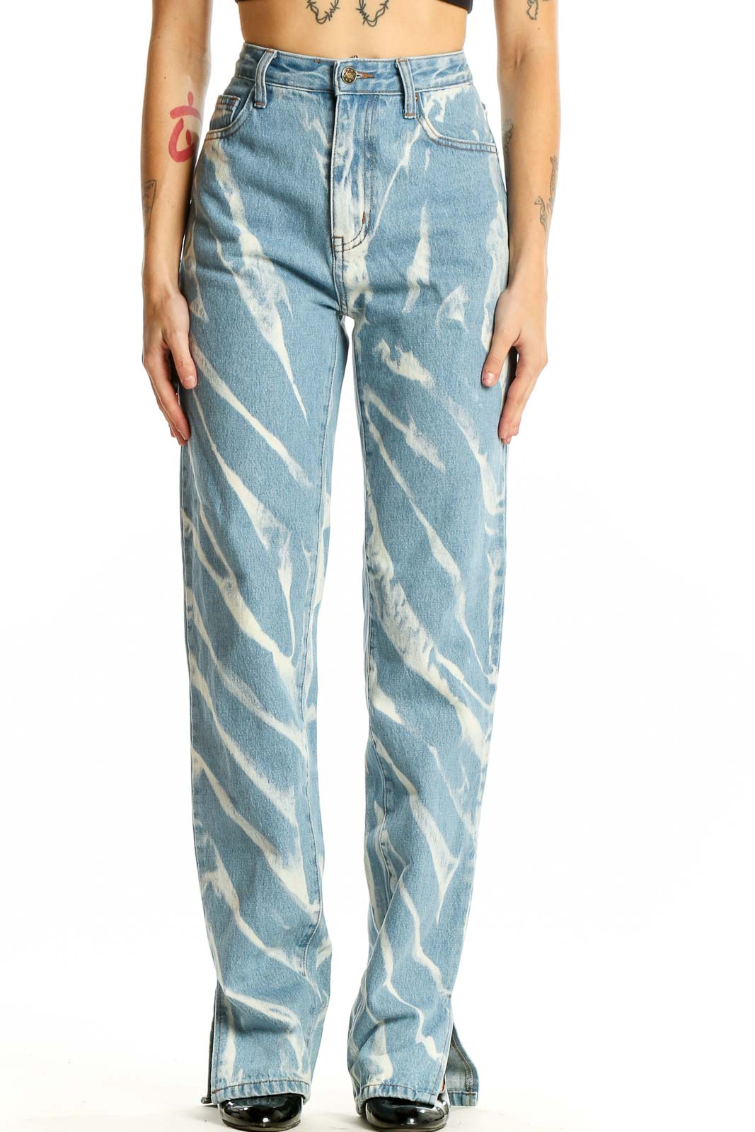 Front view of LIONESS light blue tie-dye high-waisted straight jeans with diagonal streak pattern