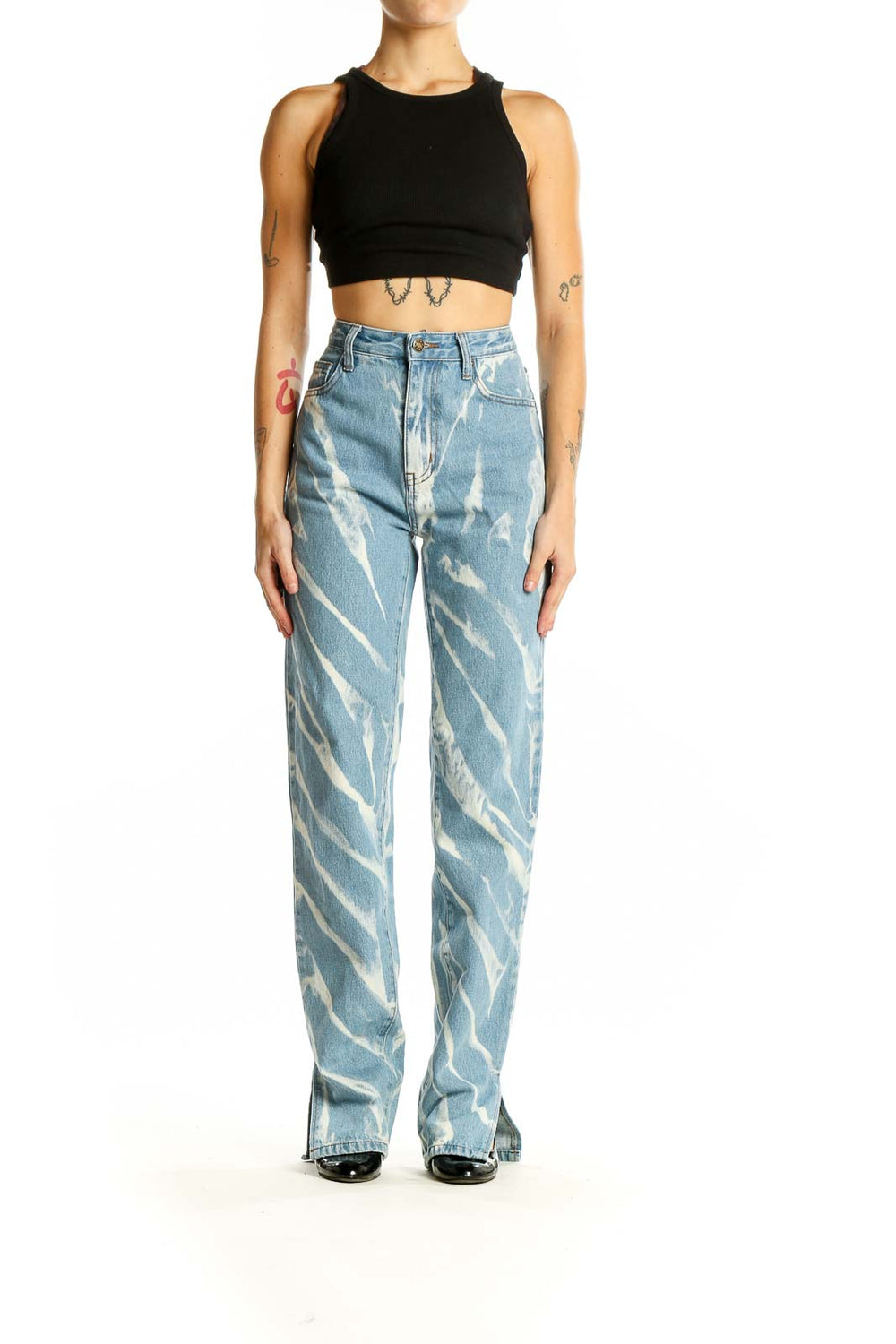 Front view of LIONESS light blue tie-dye high-waisted straight jeans with diagonal streak pattern