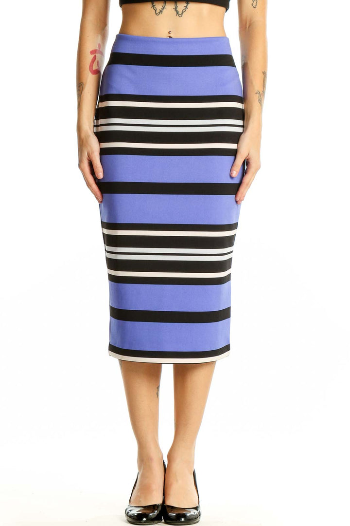 Front view of Express purple striped midi pencil skirt