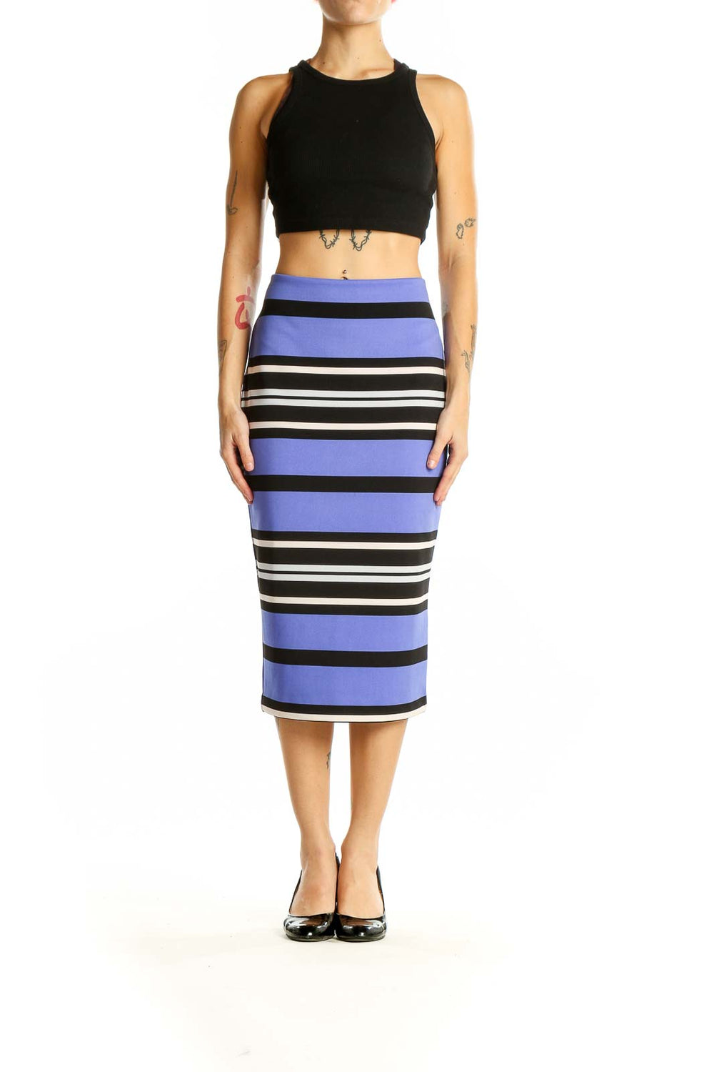 Front view of Express purple striped midi pencil skirt