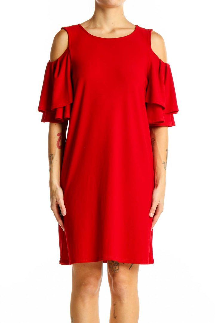 Front view of red Halogen cold shoulder dress with ruffle sleeves