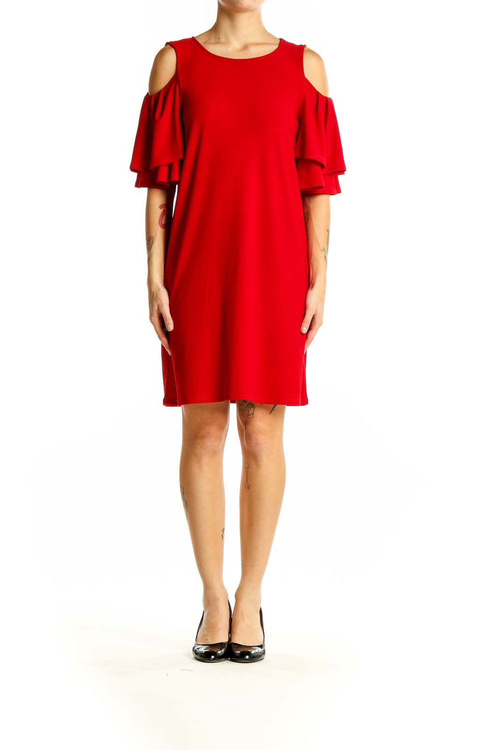 Front view of red Halogen cold shoulder dress with ruffle sleeves