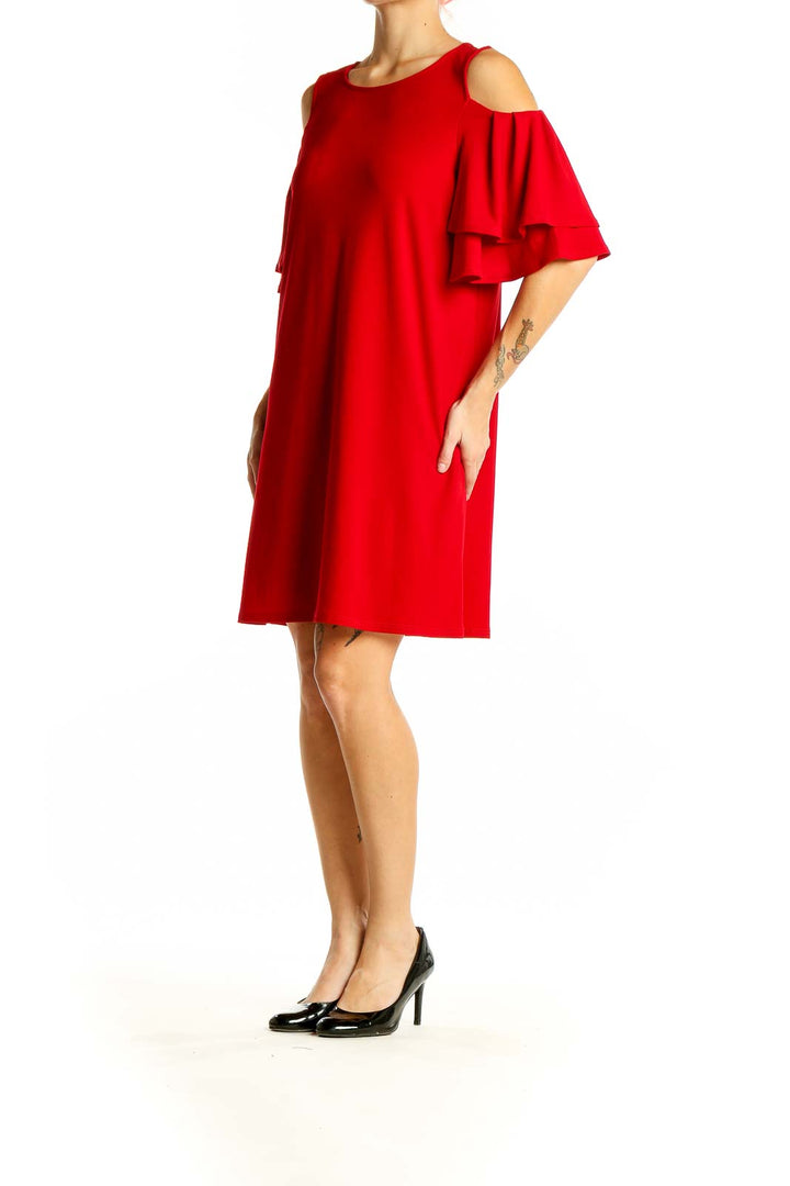 Front view of red Halogen cold shoulder dress with ruffle sleeves