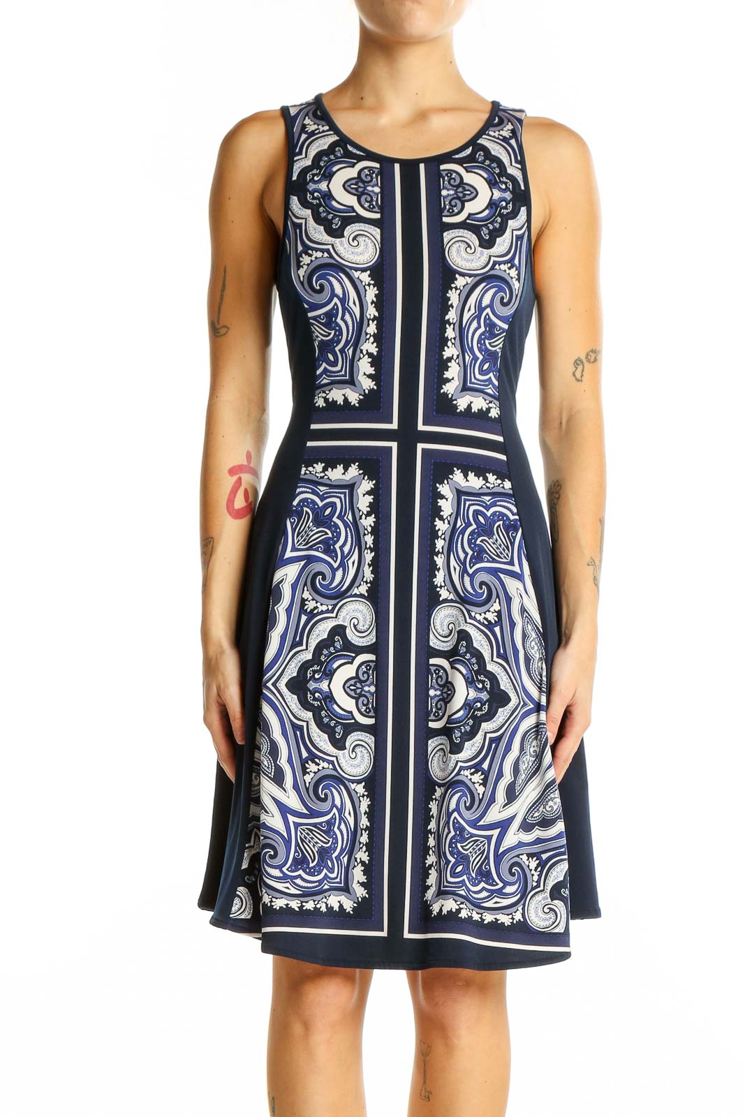 Front view of Navy Paisley Print Sleeveless A-Line Dress from Banana Republic