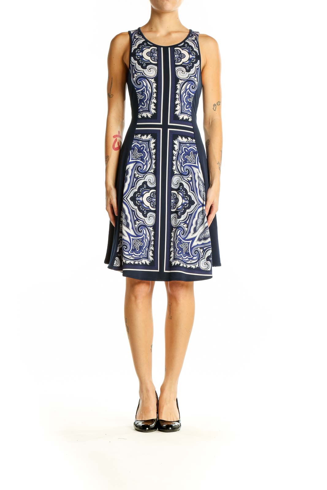 Front view of Navy Paisley Print Sleeveless A-Line Dress from Banana Republic