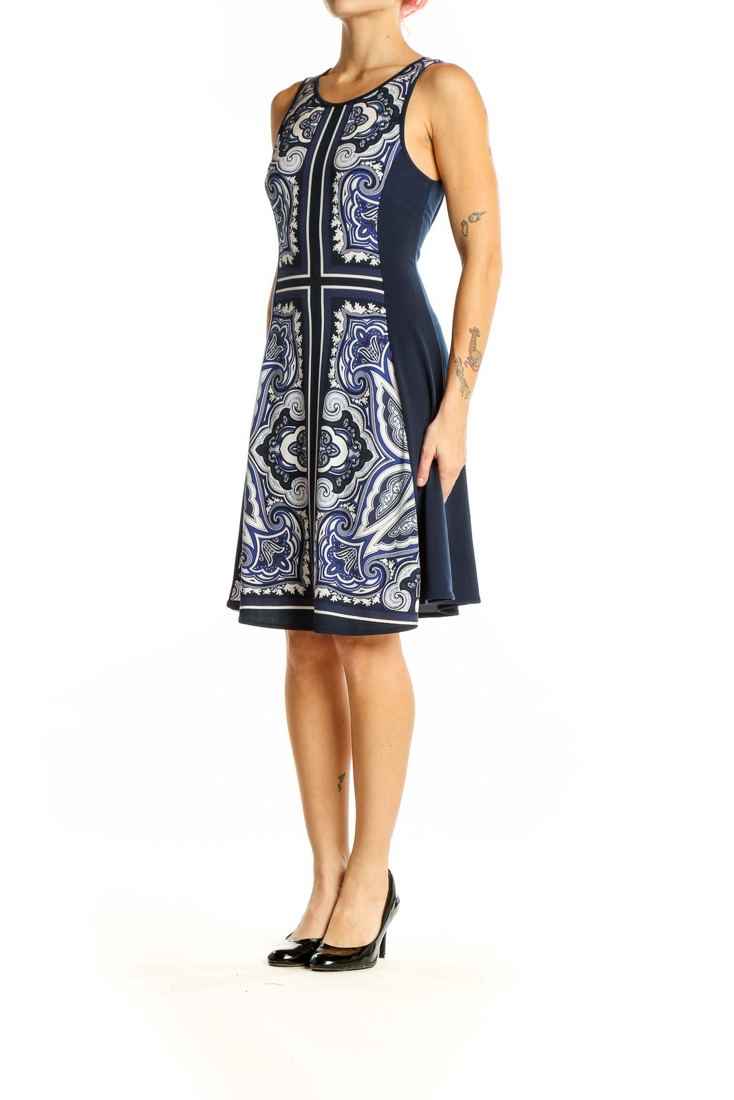 Front view of Navy Paisley Print Sleeveless A-Line Dress from Banana Republic