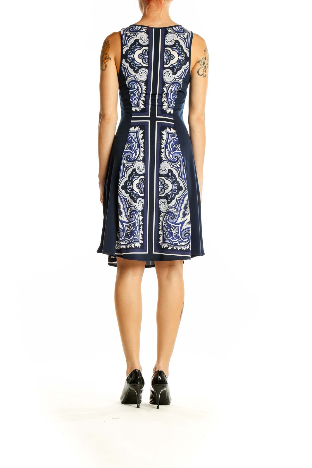 Side view of Navy Paisley Print Sleeveless A-Line Dress showing paisley pattern