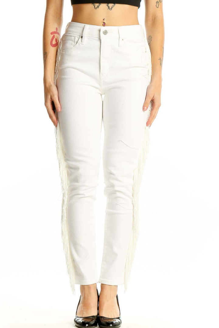 Front view of Levi's white straight leg jeans with fringe detailing