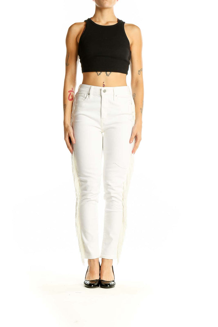 Front view of Levi's white straight leg jeans with fringe detailing