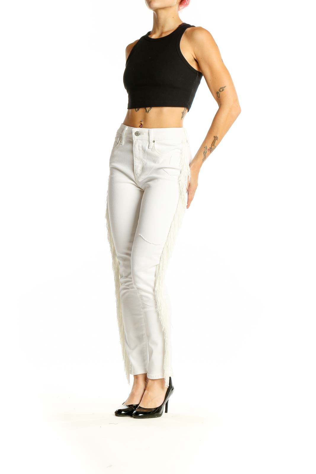 Front view of Levi's white straight leg jeans with fringe detailing