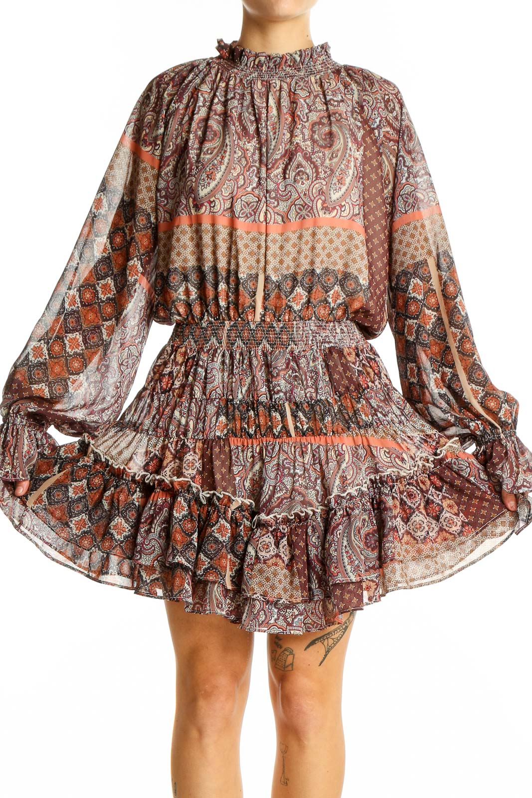 Front view of Fate brown paisley mini dress with ruffled neckline and tiered skirt