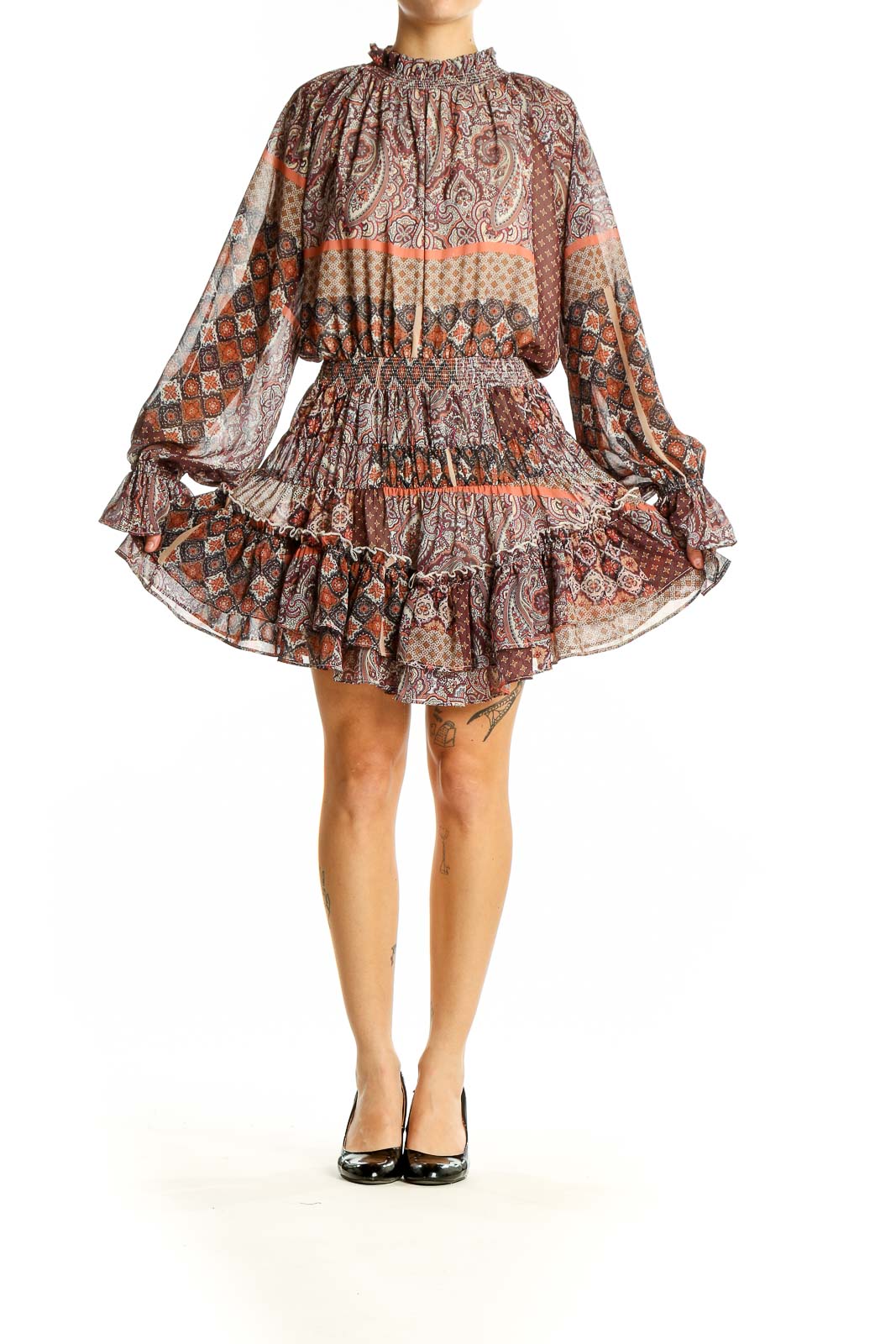 Front view of Fate brown paisley mini dress with ruffled neckline and tiered skirt