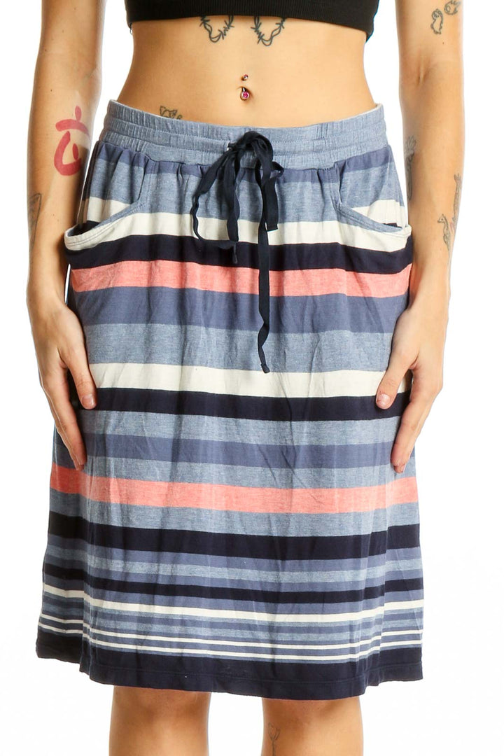 Front view of Max Studio blue striped midi skirt with drawstring waist