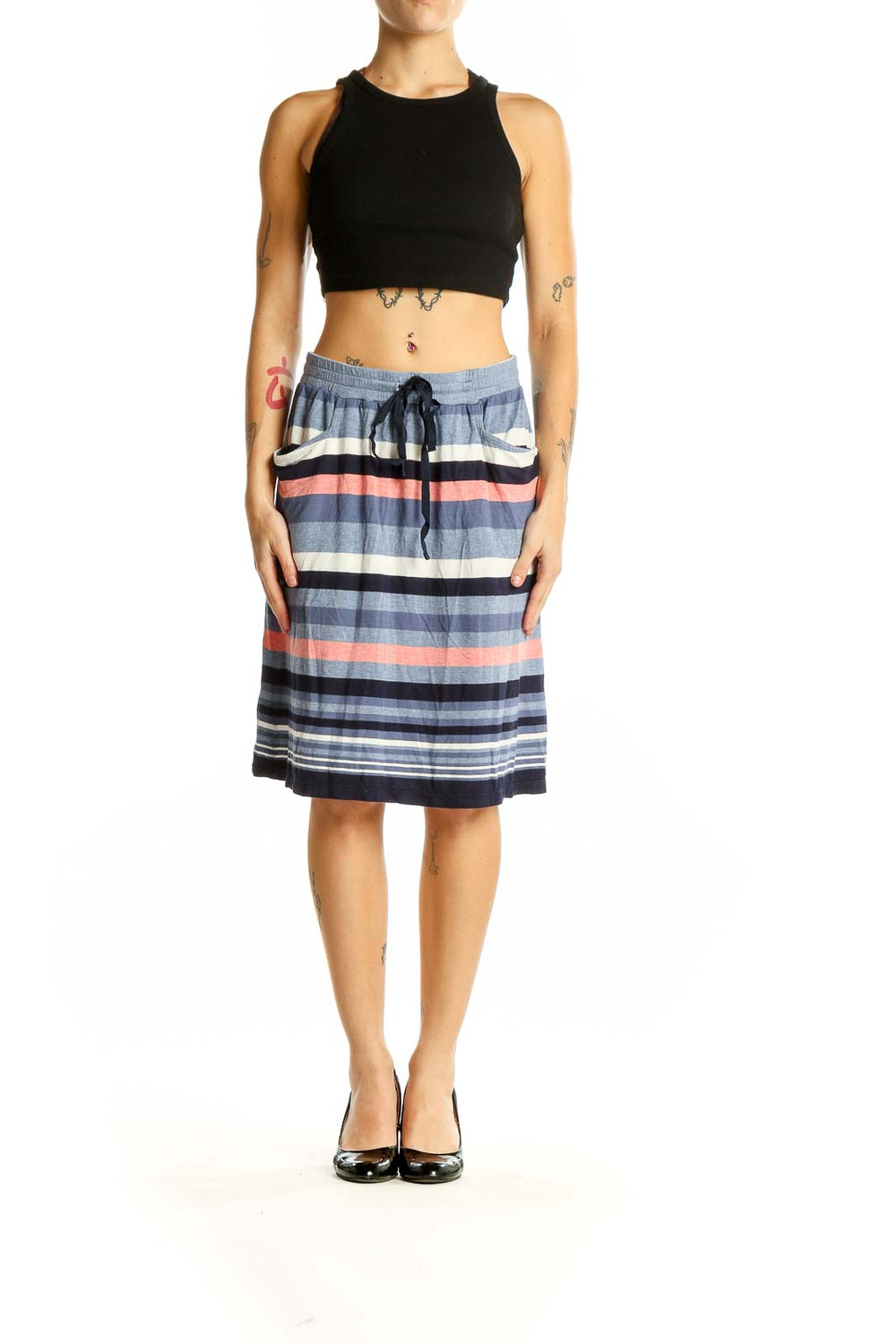 Front view of Max Studio blue striped midi skirt with drawstring waist