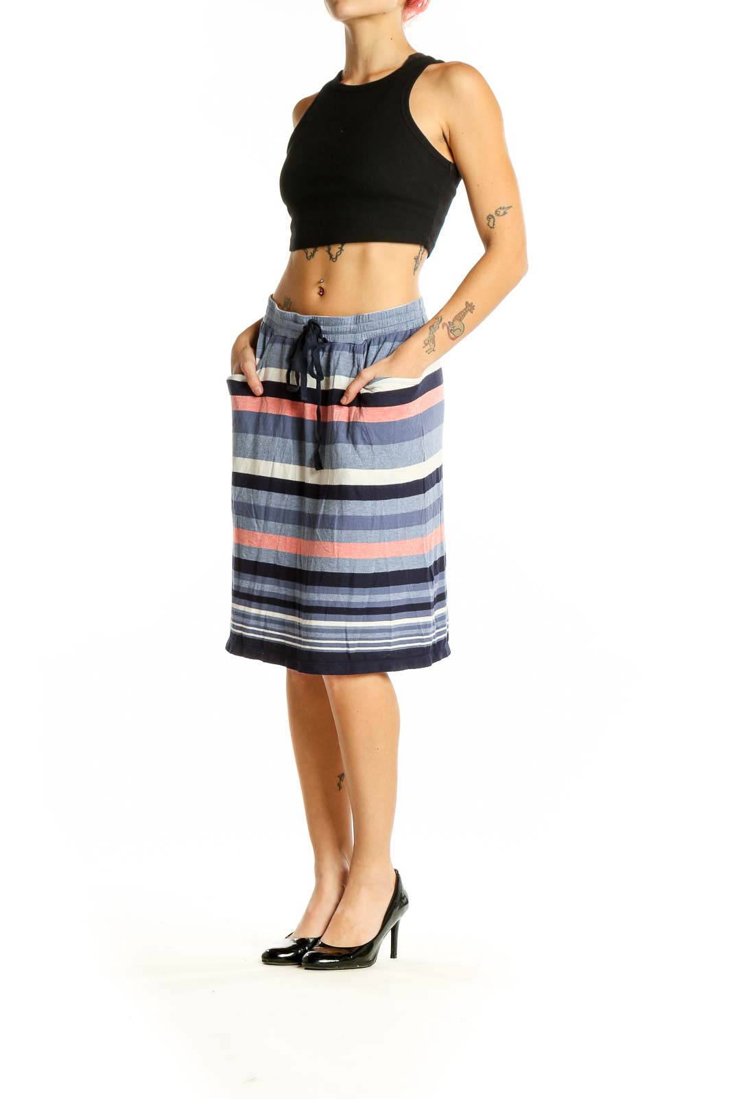 Front view of Max Studio blue striped midi skirt with drawstring waist