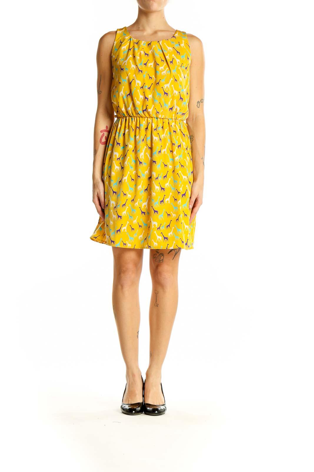 Front view of Yellow Giraffe Print Sleeveless Dress by Pink Owl