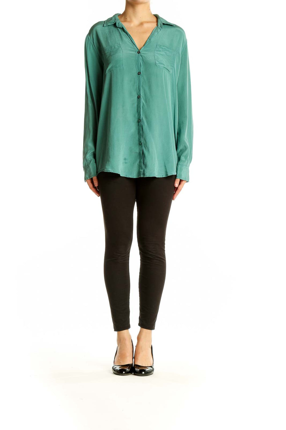 Front view of green silk button-down blouse by Calypso