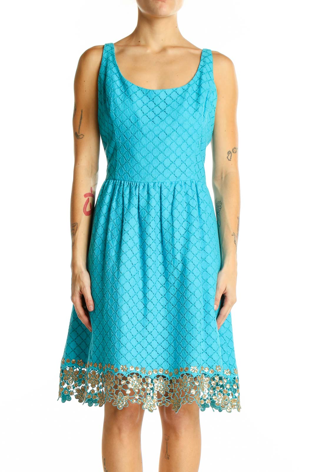 Front view of Lilly Pulitzer turquoise sleeveless dress with gold lace trim