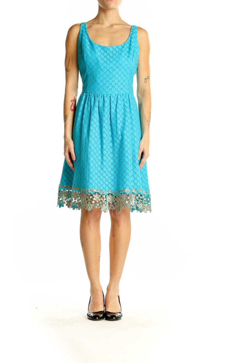 Front view of Lilly Pulitzer turquoise sleeveless dress with gold lace trim