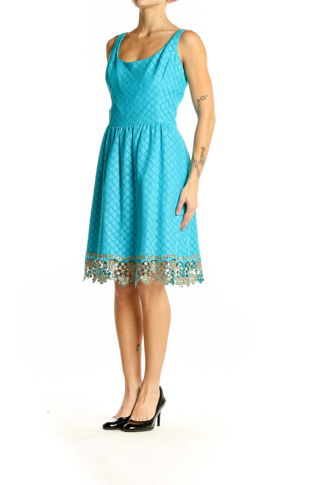 Front view of Lilly Pulitzer turquoise sleeveless dress with gold lace trim