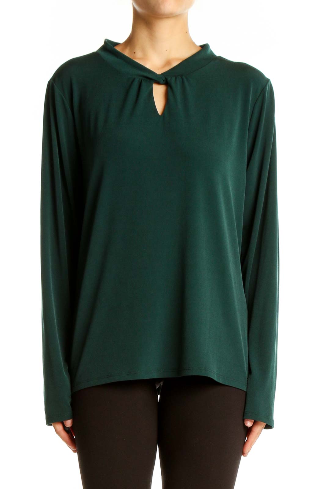 Front view of Calvin Klein forest green long sleeve top with keyhole neckline