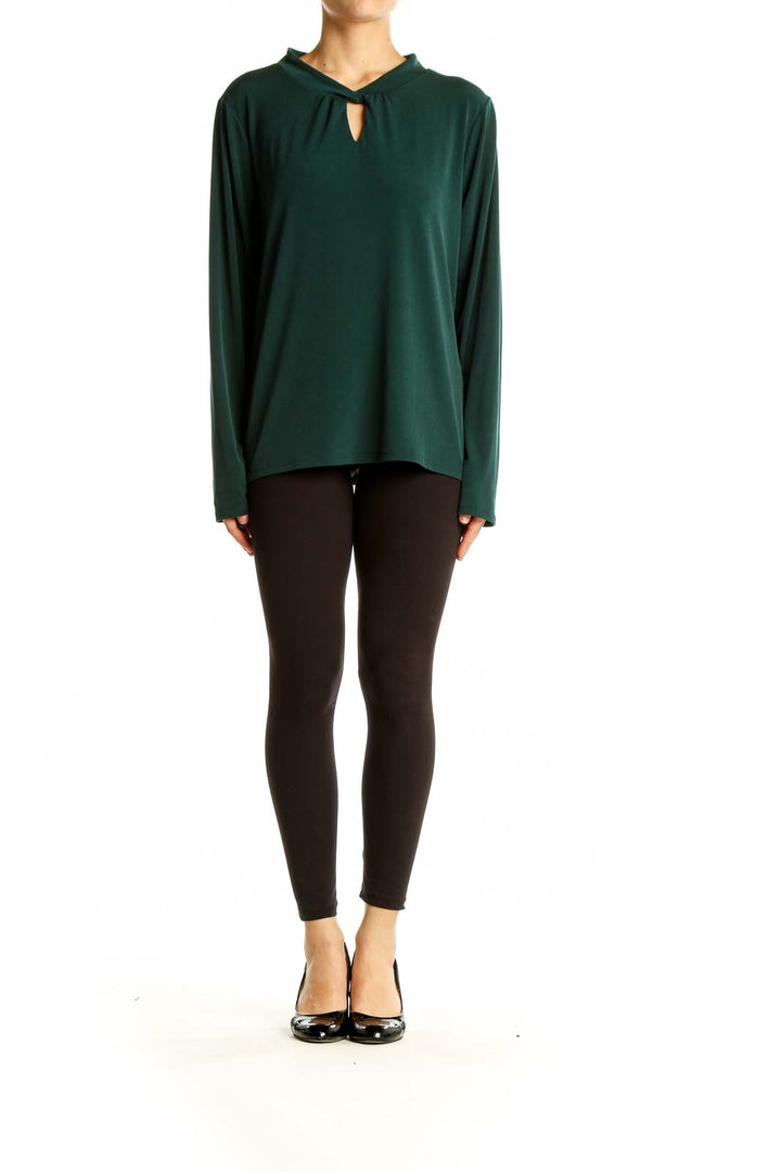 Front view of Calvin Klein forest green long sleeve top with keyhole neckline