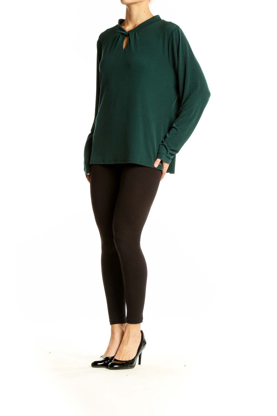 Front view of Calvin Klein forest green long sleeve top with keyhole neckline