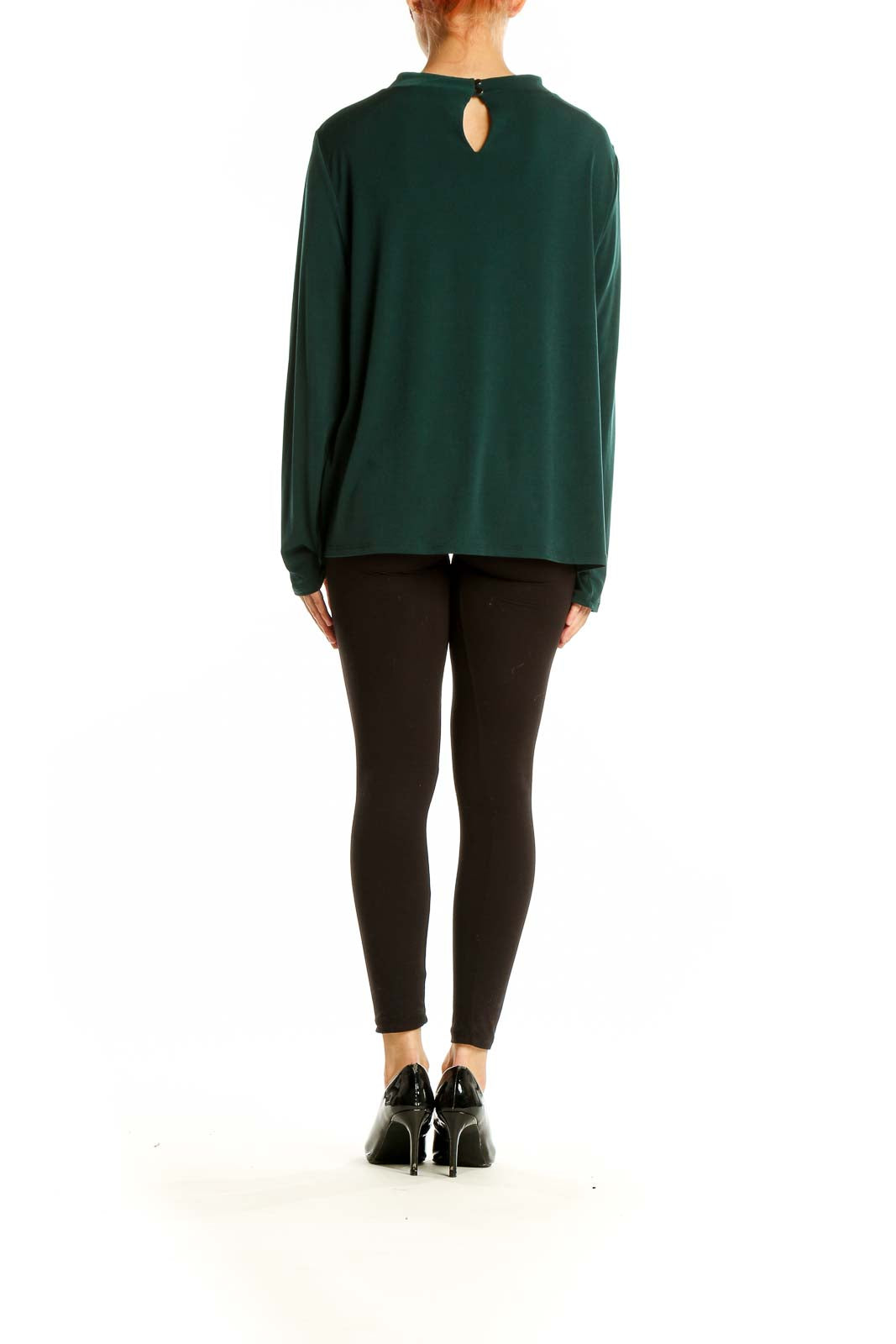 Back view of Calvin Klein forest green long sleeve top on model