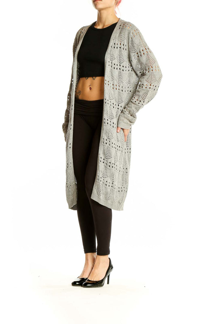 Front view of gray long open-front crochet cardigan by Apricot