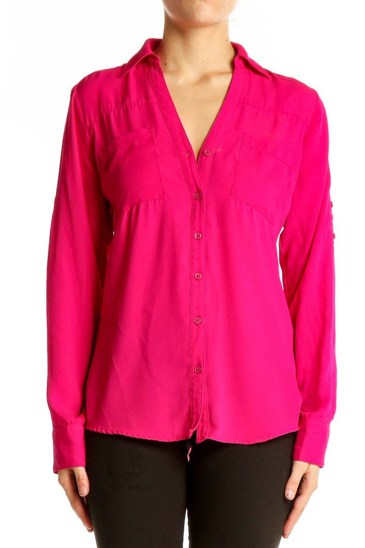 Front view of hot pink Express button-down blouse