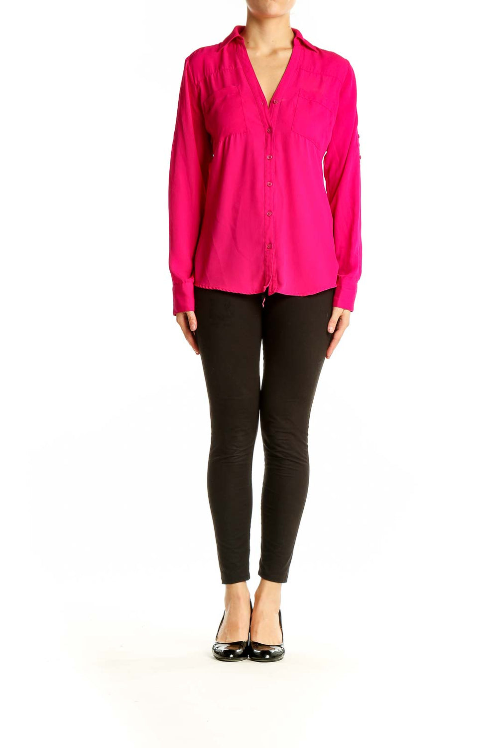 Front view of hot pink Express button-down blouse