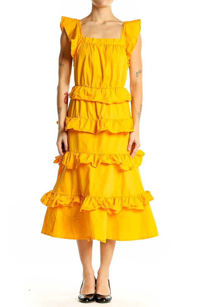 Front view of Rachel Parcell yellow ruffled tiered midi dress with square neckline